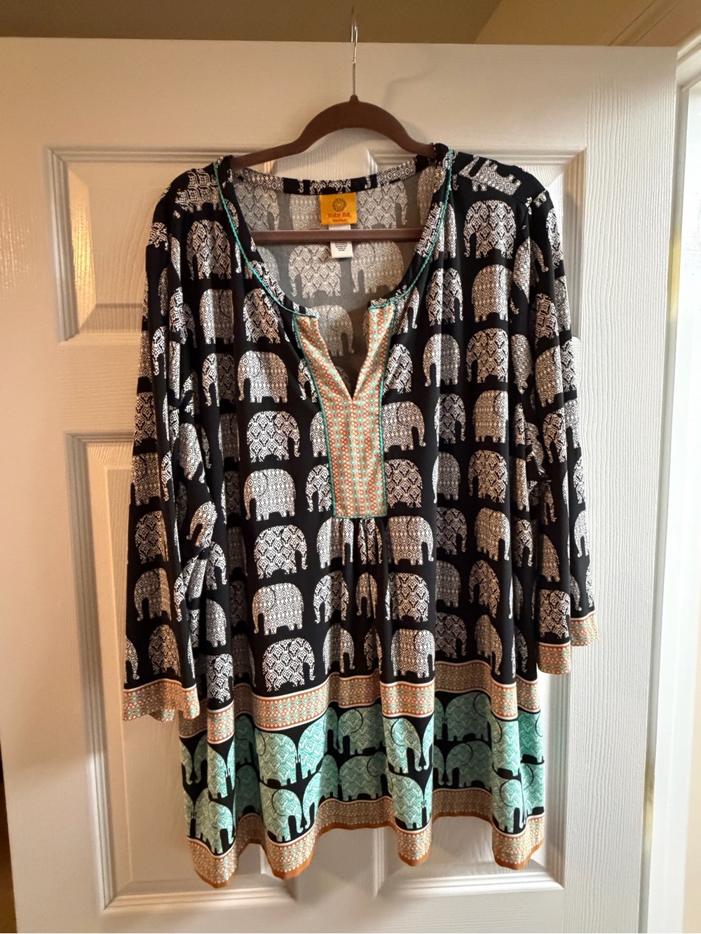 Ruby Rd. Black Tunic Dress with Mint & White Elephant Print